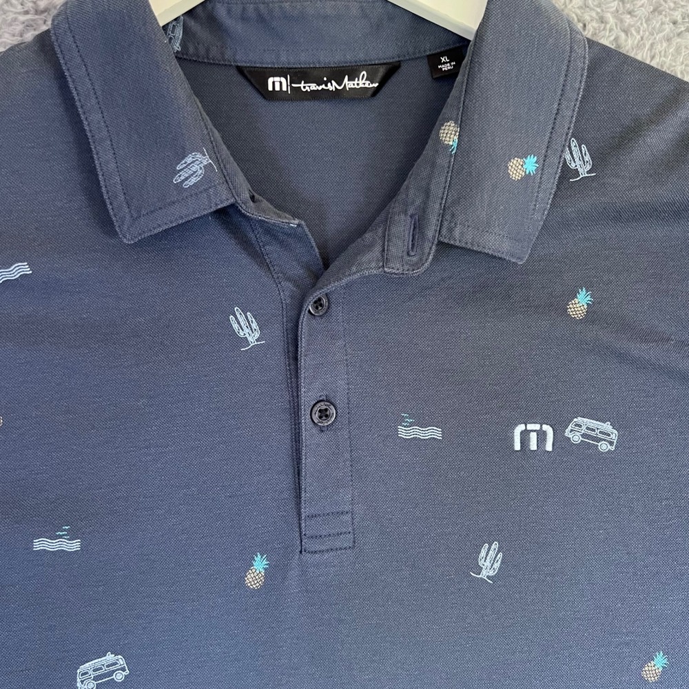 Travis Mathew Golf Polo XL Blue Cactus Pineapple VW Bus Pima Cotton Novelty